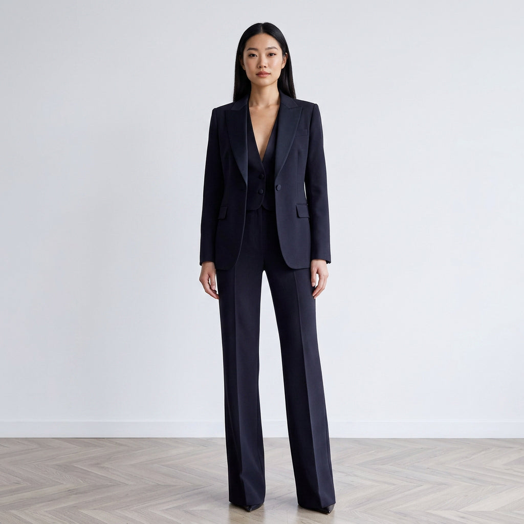 Costume sur mesure à trois pièces Lapel à bouton unique Blazer & V-Neck Waistcoat & High Waist Wid