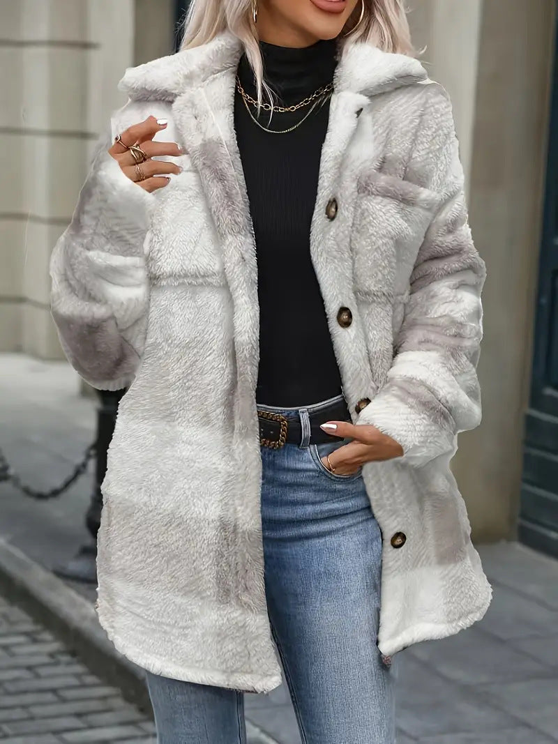 Femmes Automnehiver Lambswool Lapel Enduit à manches longues en Plaid Casual
