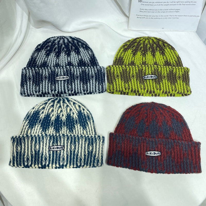 Autumn Winter Warm Ear-Protecting Tie-Dye Colorblock Knitted Beanie