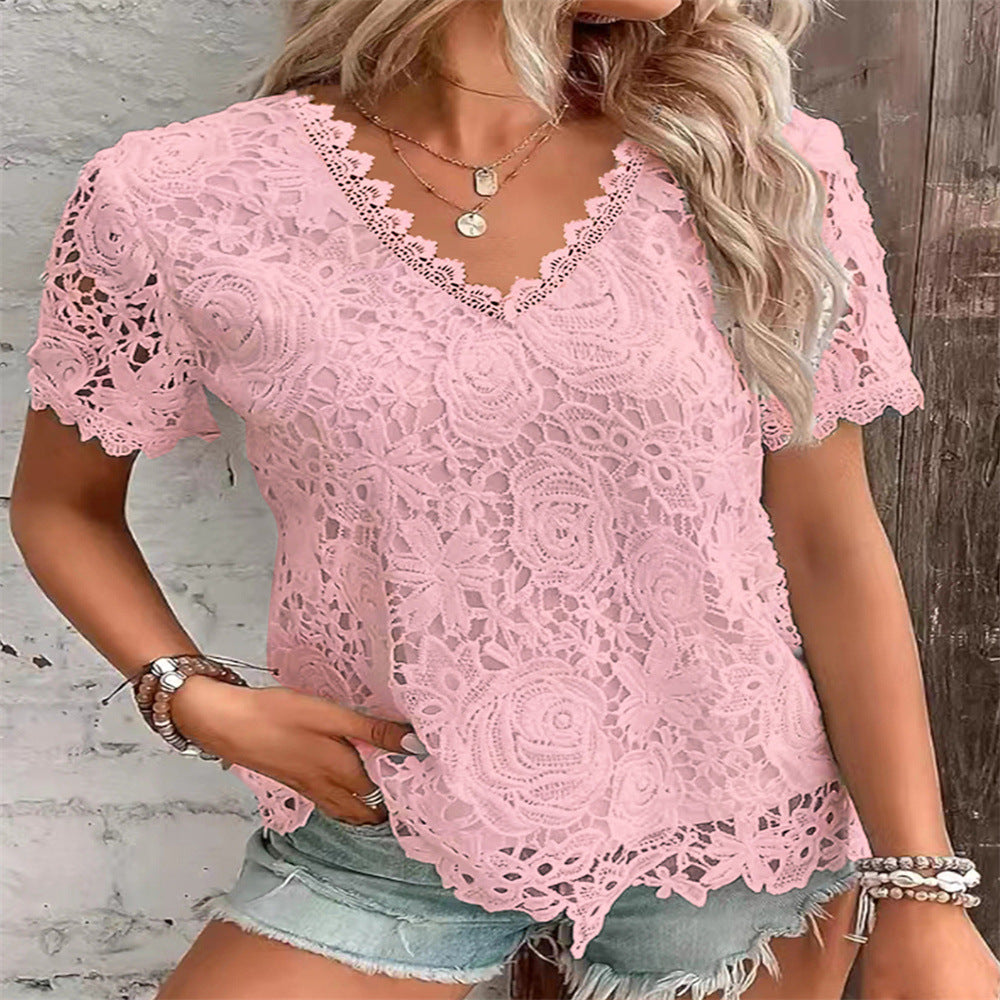 La mode européenne et américaine pour femmes Top polyvalent T-shirt à manches courtes en dentelle sexy
