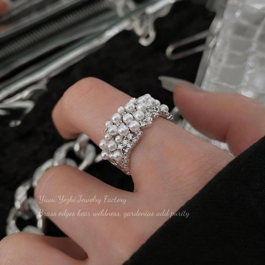French Light Luxury Elegant Pearl Baby's Breath Bague Cuivre plaqué Real Gold Ajustable Op