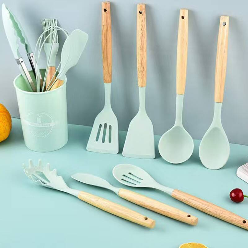 Ustensile de cuisine ensemble 12 PCS Silicone outils de cuisine avec poignée en bois