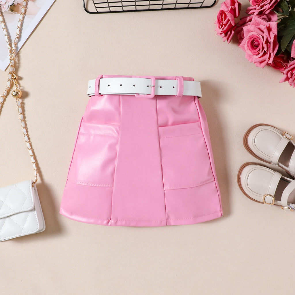 Petites filles Puff-Sleeve Top Solid-Color PU jupe et ceinture