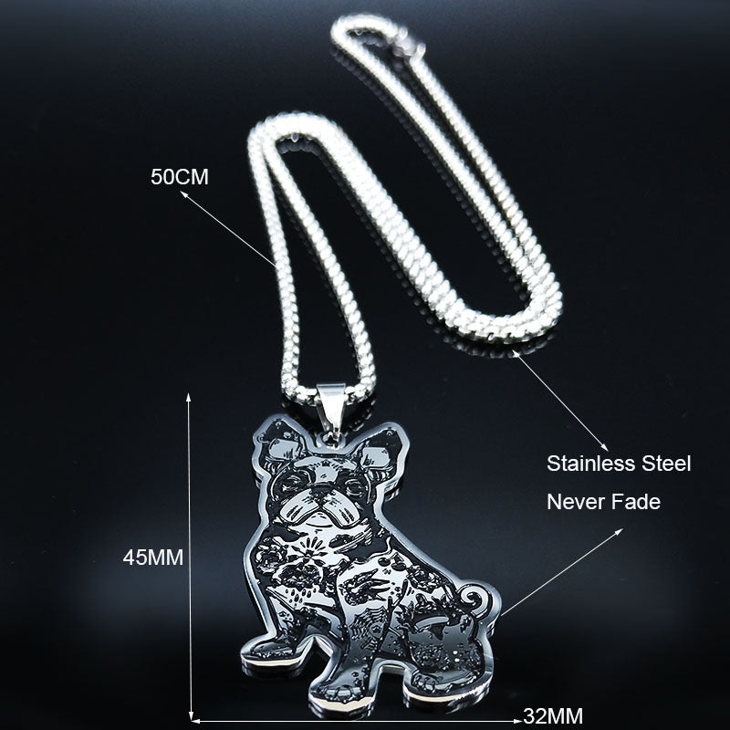 Collier pendentif bulldog français mignon en acier inoxydable à huile noire pour les femmes