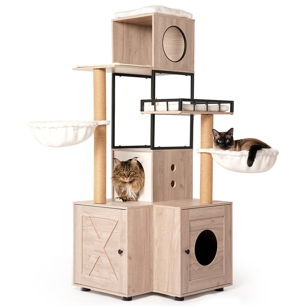 Arbre à chat multifonctionnel de 63" avec boîte à litière - Comprend un coussin lavable amovible