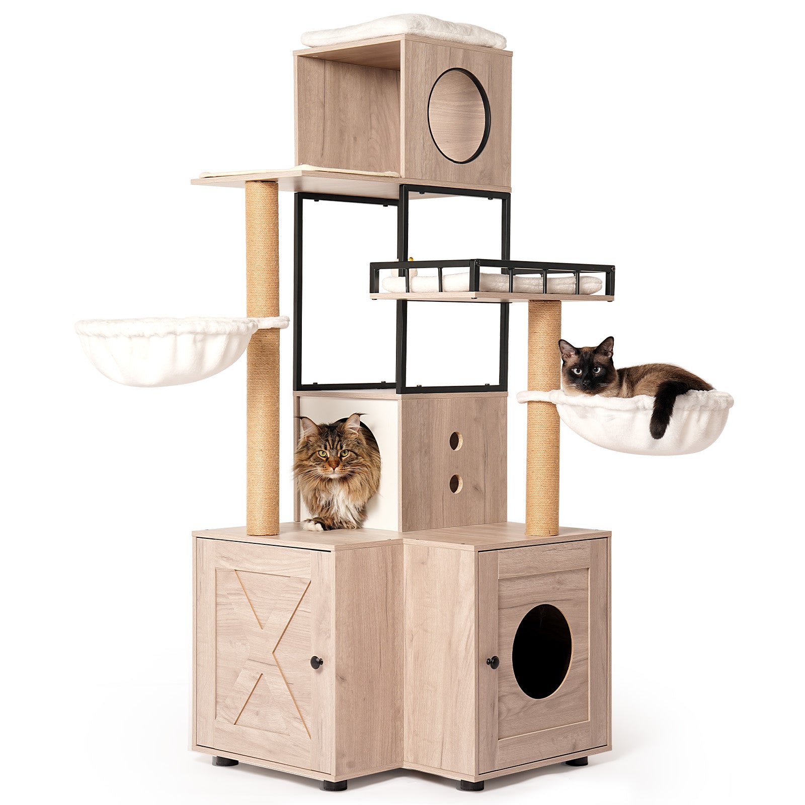 Arbre à chat multifonctionnel de 63" avec boîte à litière - Comprend un coussin lavable amovible