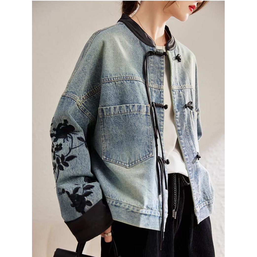 Veste denim de style chinois pour les femmes Printemps et Automne porter