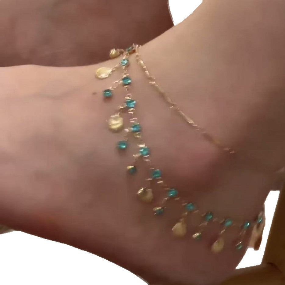 Double couche ultra scintillante Shell Tassel Delicate Anklet