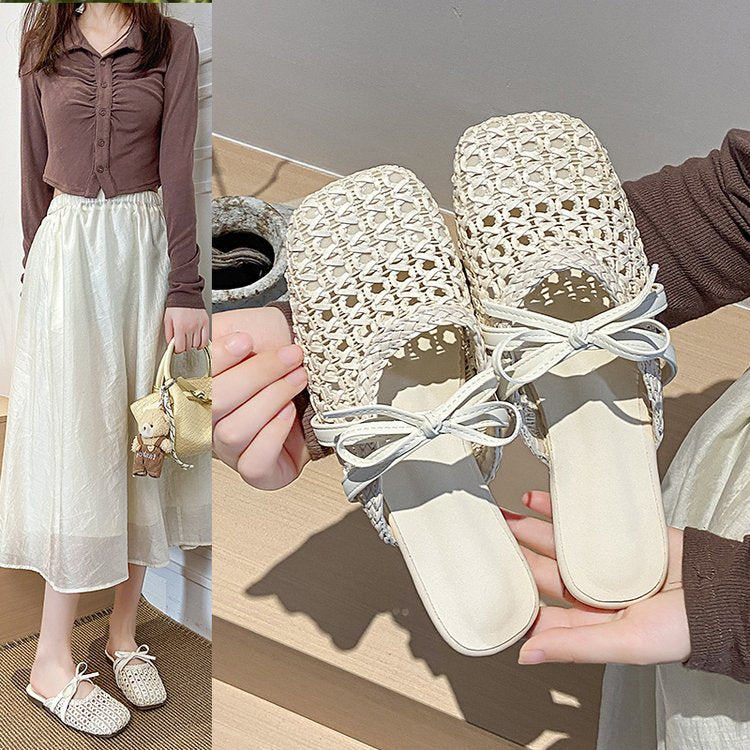 Femmes de style français Appartement orteil fermé Mules Summer Outdoor Hollow Roman Sandales Woven Gorge