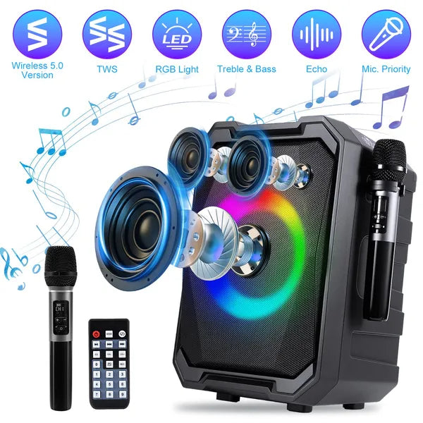 Haut-parleur de partie sans fil portable avec lumière LED 2 sans fil Mics télécommande TWS Music Ac