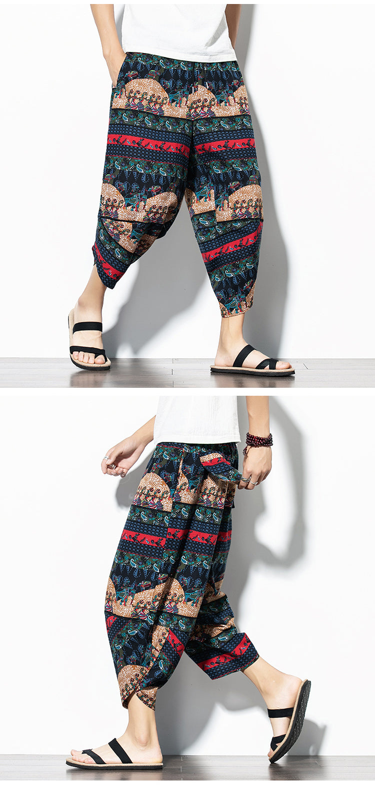 Pantalon imprimé en coton et en lin