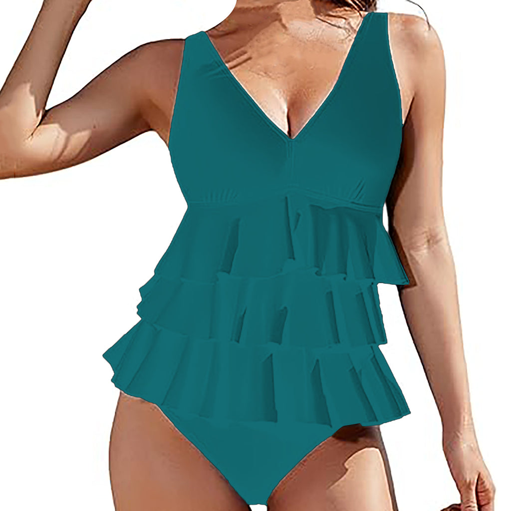 European and American Solid-color Swimsuit Femmes Sexy Ruffled Hem