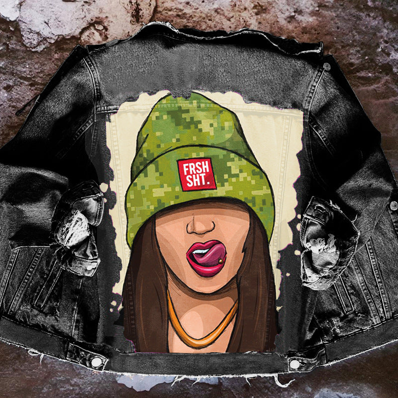 Veste denim fille à chapeau vert pour femmes