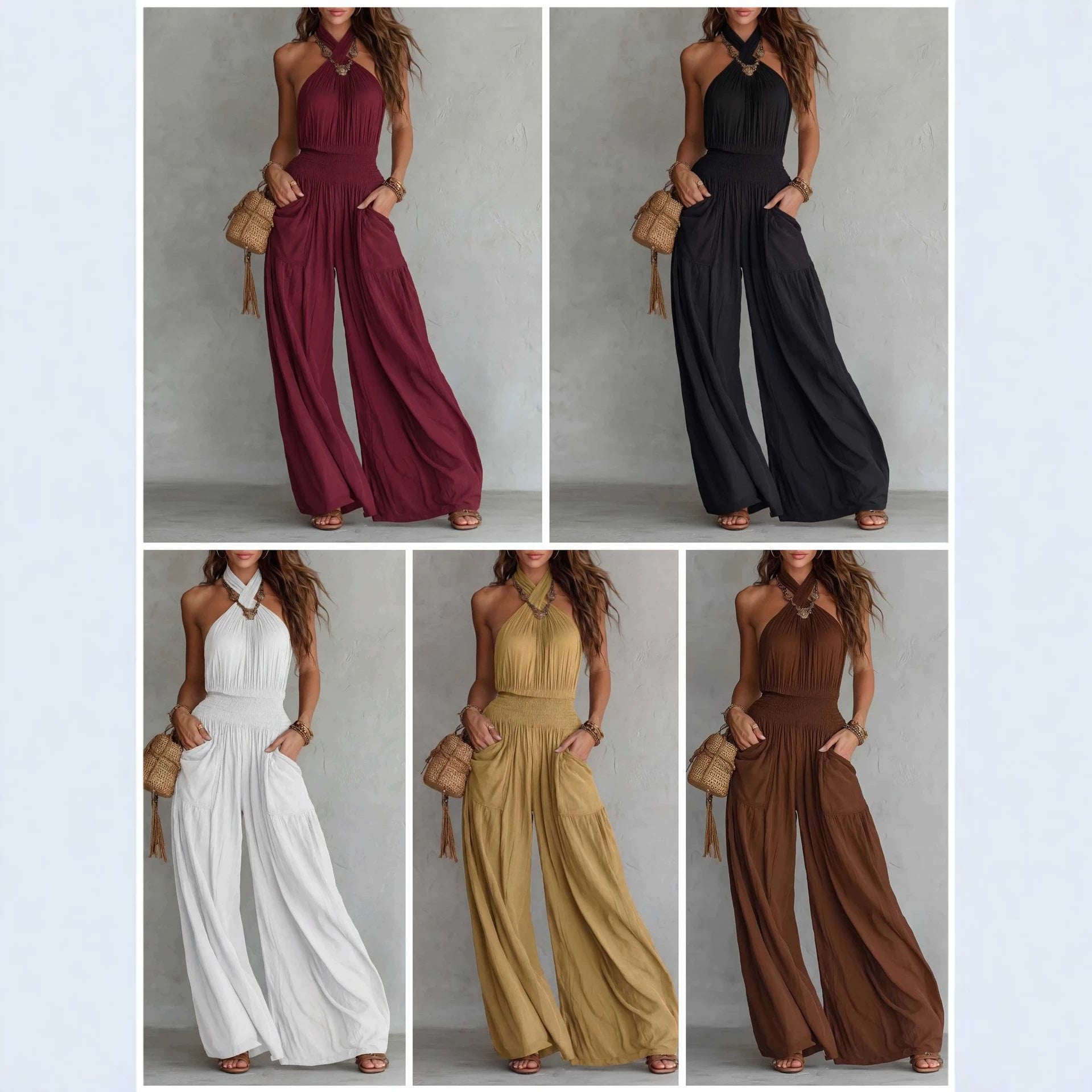 Cross border Women Vêtements Export Bohemian Style Backless Sleeveless Large Leg Jumpsuit Wi