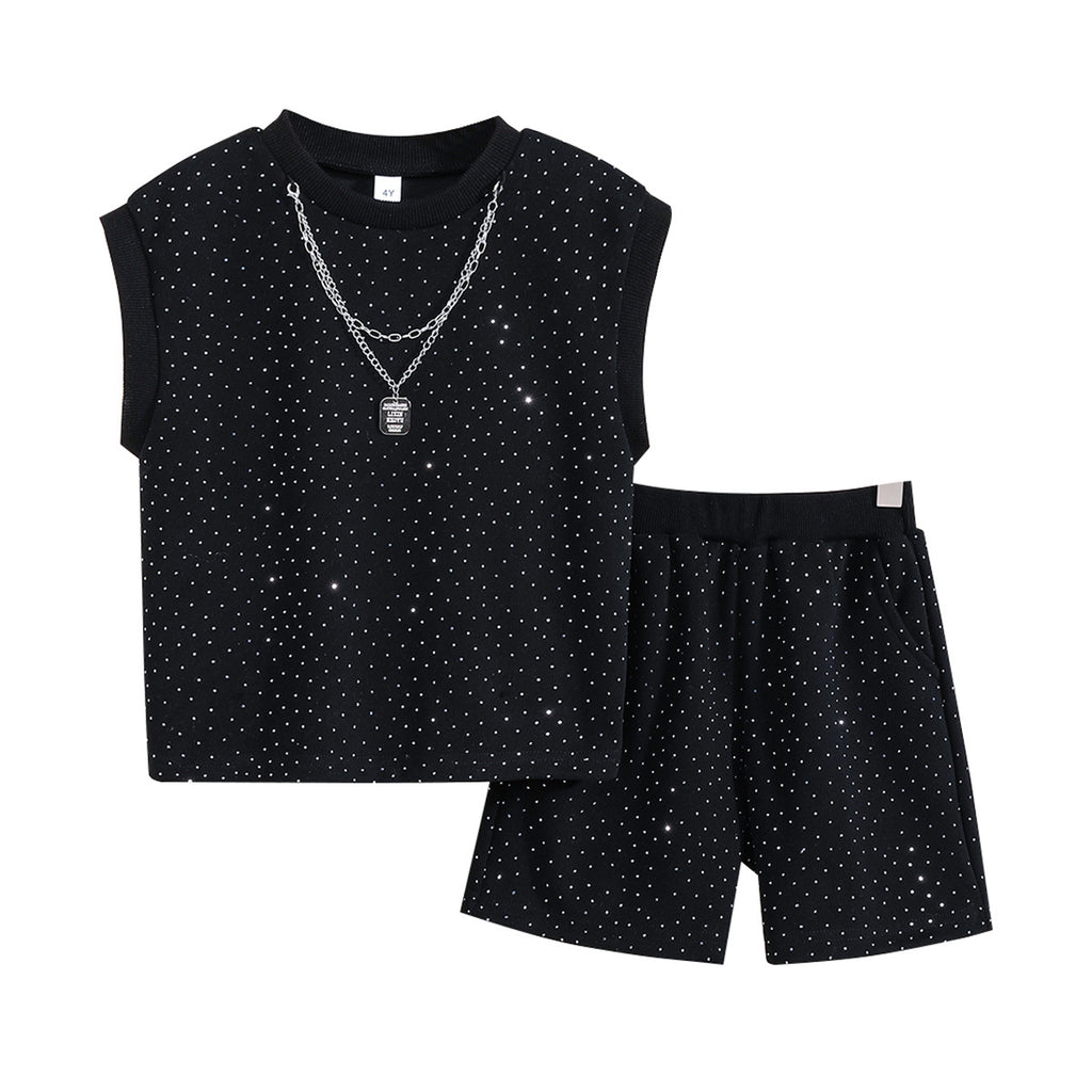 Été tendance Veste sans manches Garçons' Outfit with Starry Sky and Sparkling Strass
