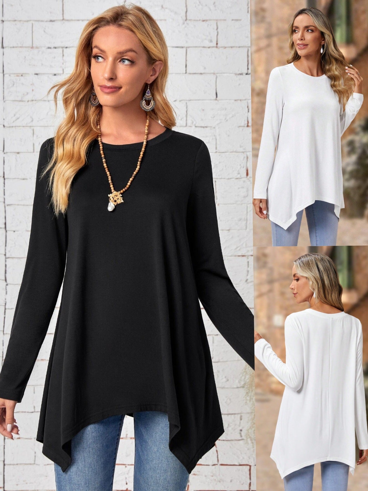 Robe solide manches longues Irrégulier de mode rond cou Top vêtements pour femmes