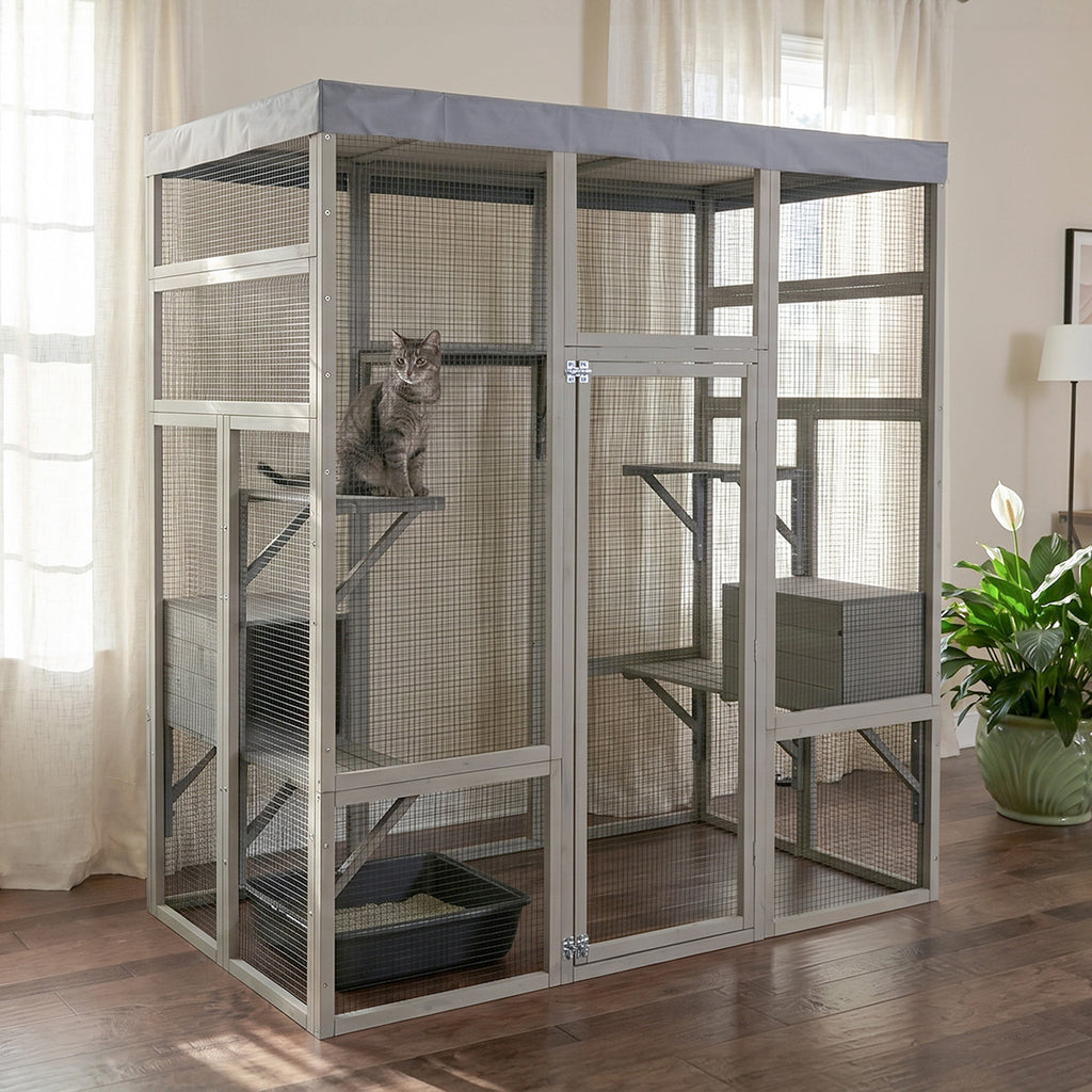Catio en bois gris avec couvercle imperméable