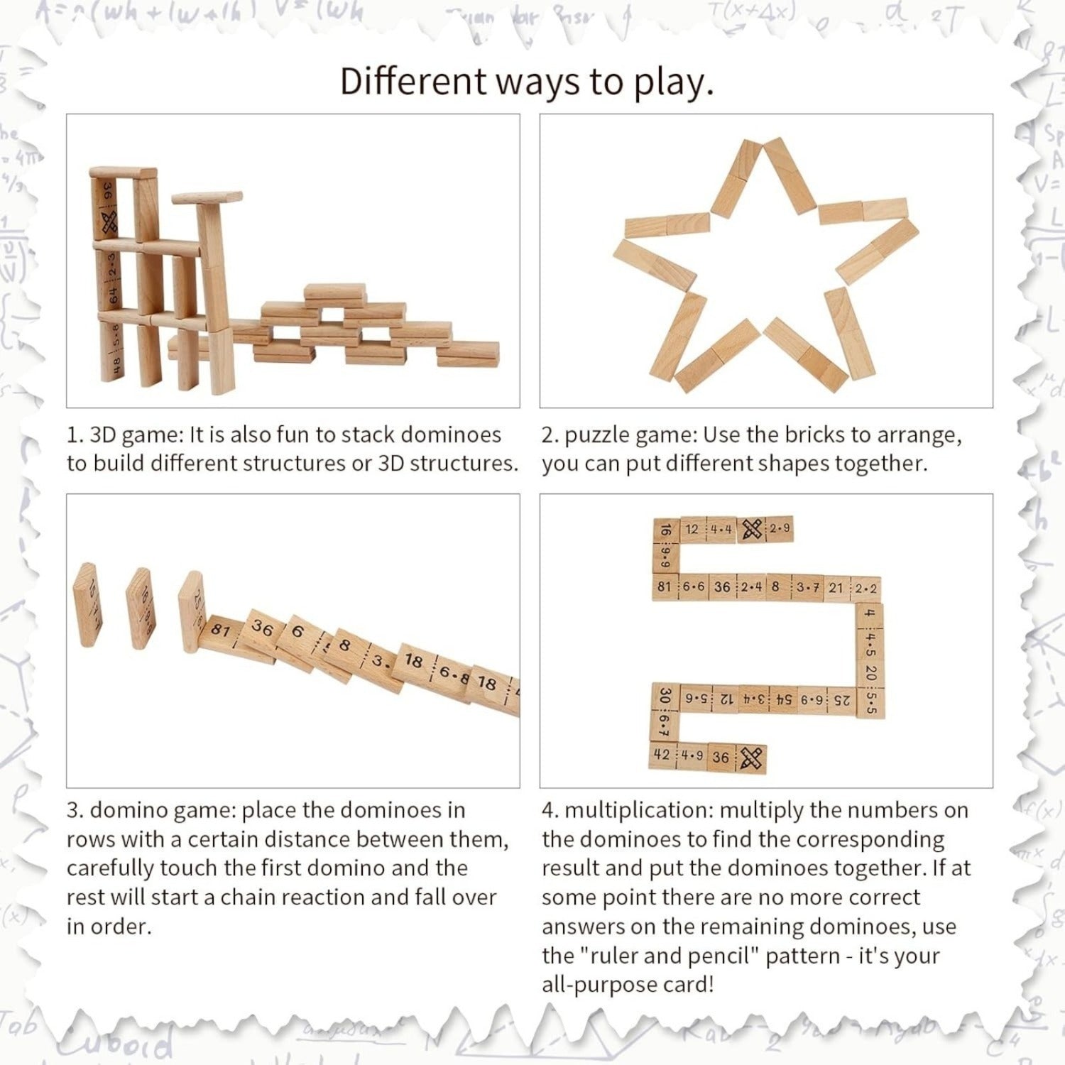 37 dominos de mathématiques en bois avec une poche de coton pour les jeux éducatifs et la pratique des mathématiques—Party