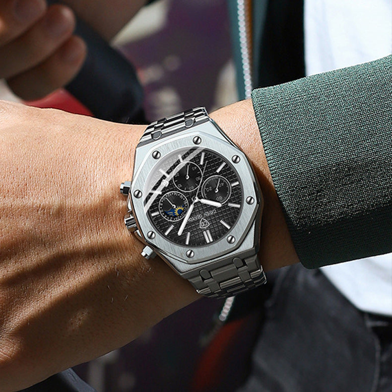 Waterproof Three-Eye Six-Needle Multifunctional Moon Phase Steel Men's S