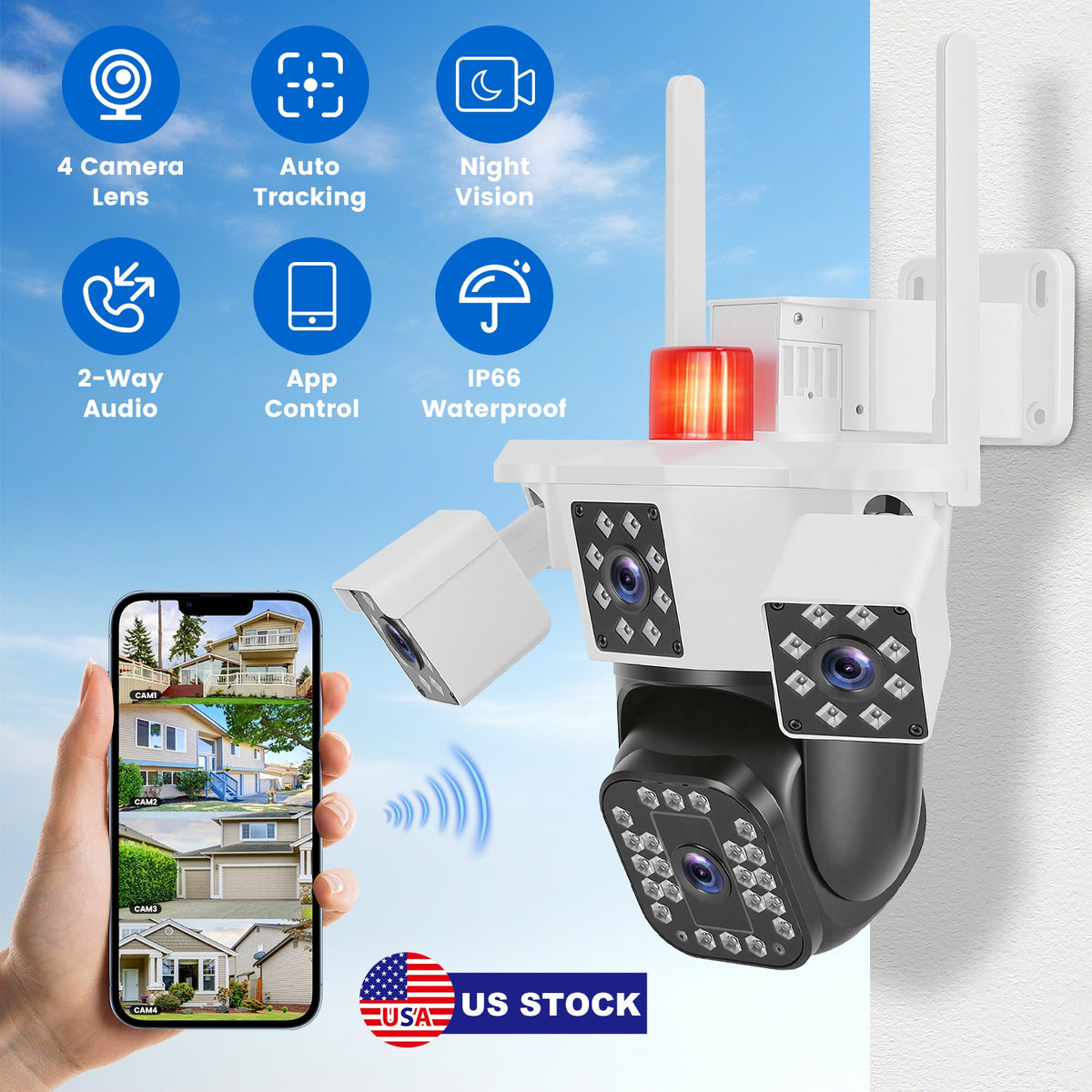 1080P HD 4-Lens Security Camera 360 Degree View WiFi Pan & Tilt Surveillance Camera With F