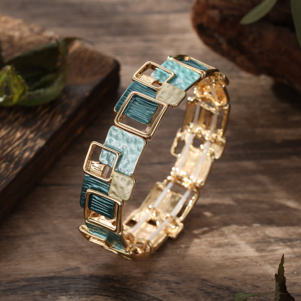 Couleur Peinture huile géométrique carré oreille Studs bracelet et collier
