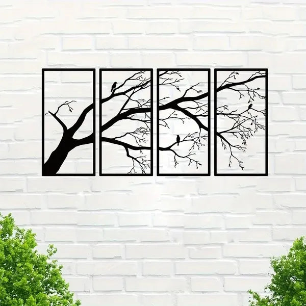 CIFbuy Iron Bare Branch & Bird 4-Panel Wall Art