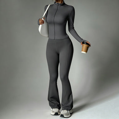 Femmes Solid-Color Casual Sports Yoga manches longues Zip-Up longue série