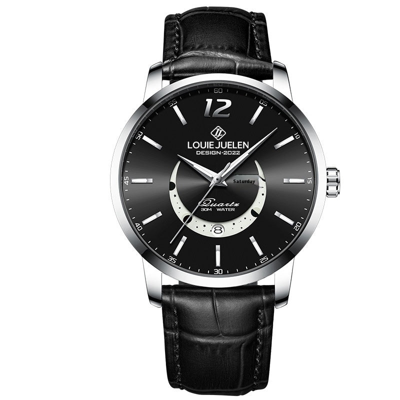 Master Moon Phase Luminous Waterproof Wrist Watch La mode masculine véritable bracelet en cuir