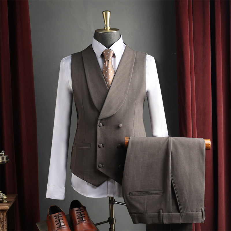 Hommes noir brun Peak Lapel double seins 3 pièces ensemble
