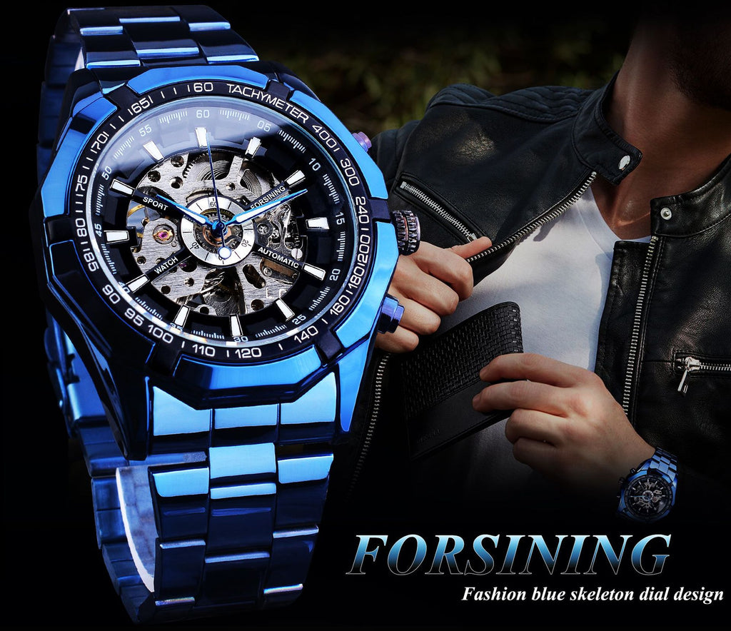 Montre mécanique Casual Hollow Blue Plating automatique