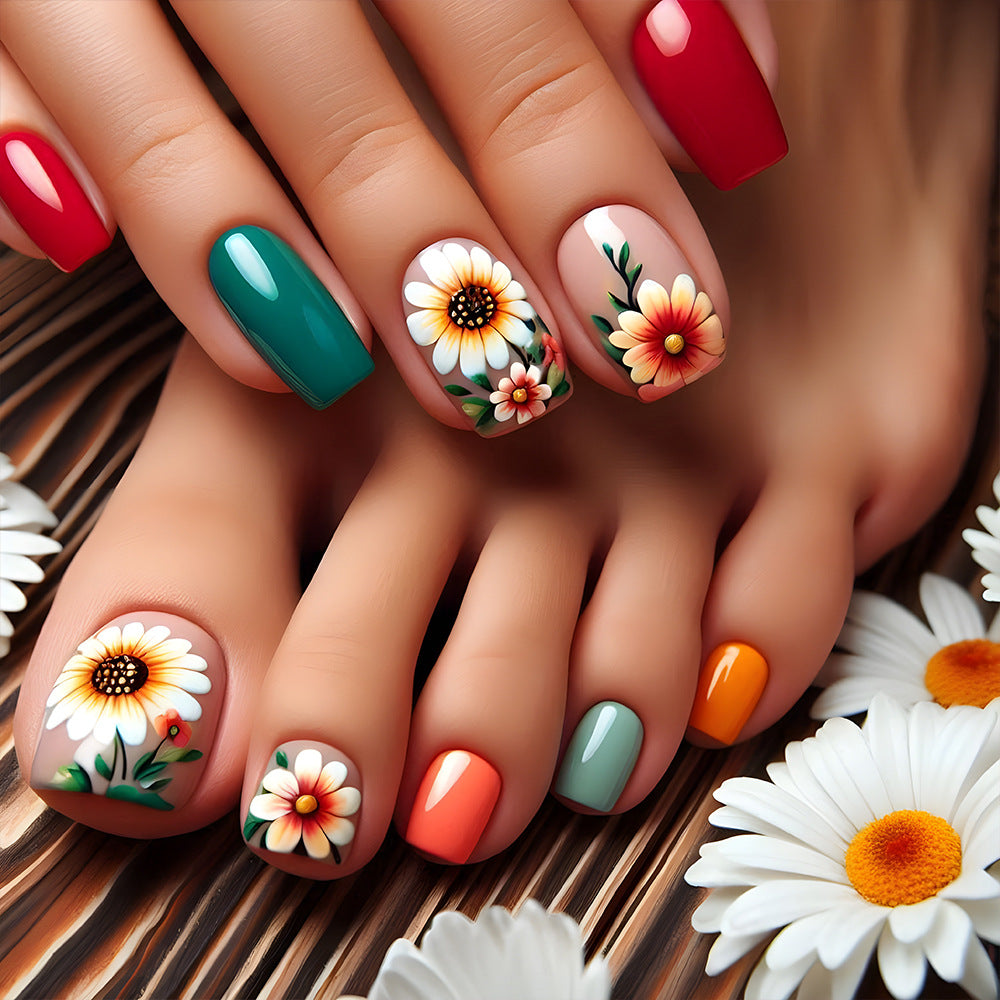 24 pièces de courte fleur de tournesol en forme d'ongle carré