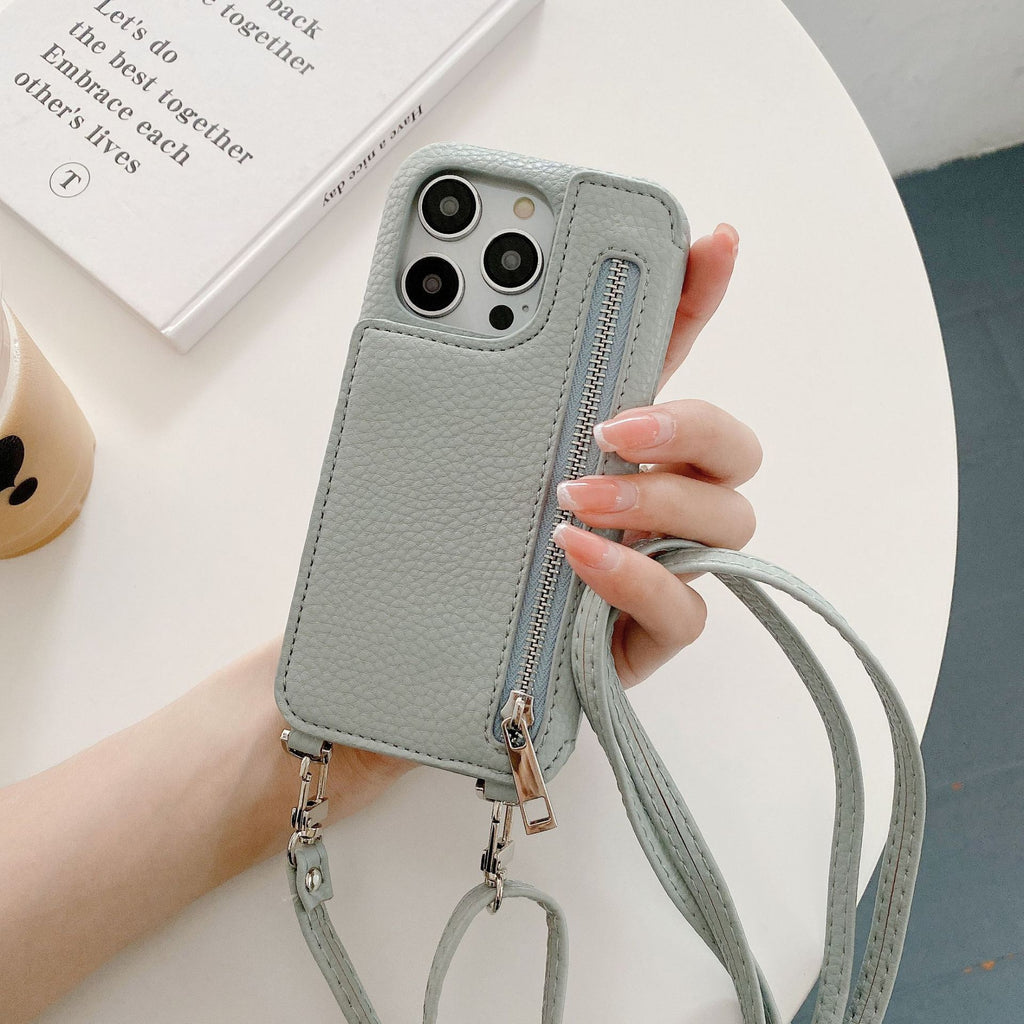 Cas téléphonique Lychee Pattern Insertion de carte Miroir de beauté Crossbody
