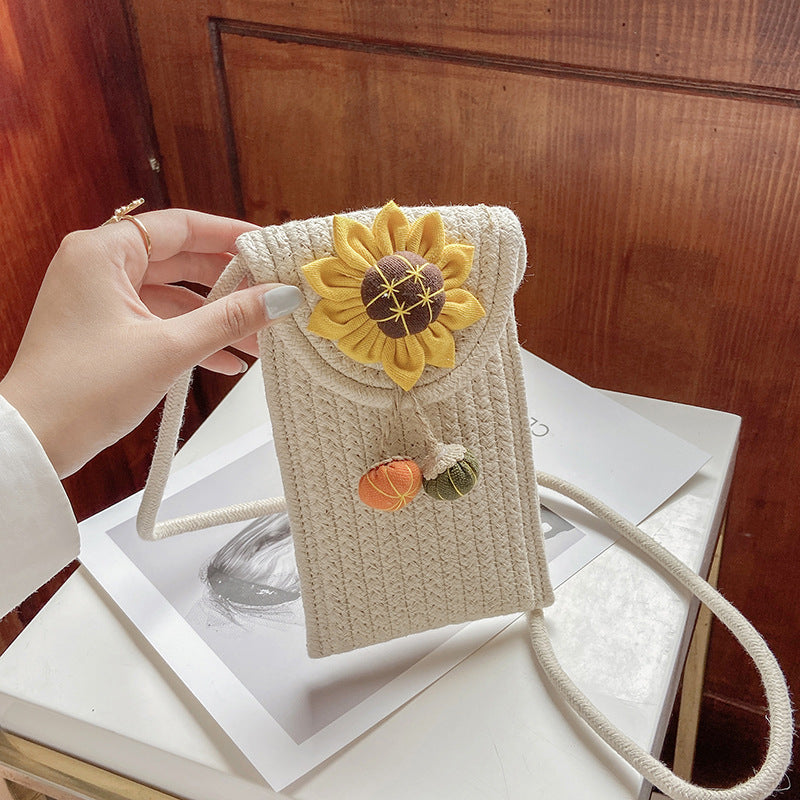 Été Cotton Rope Woven Phone Bag avec le design floral mono-épaule style