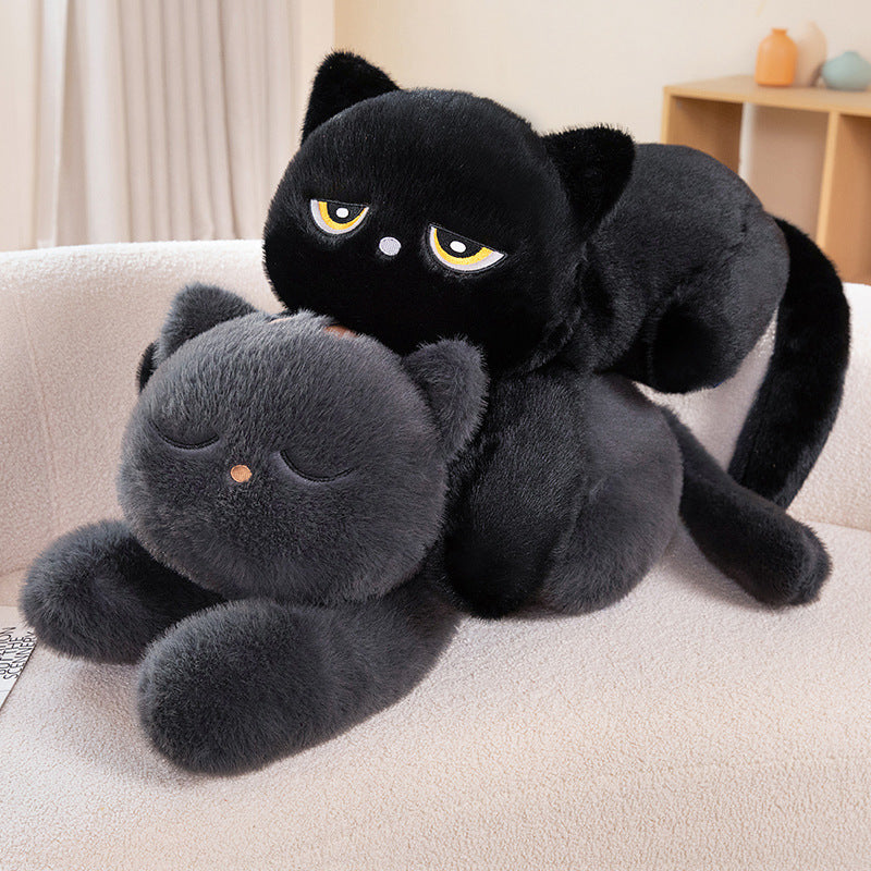 Jouet d'oreiller en peluche de grande poupée Chat noir couché