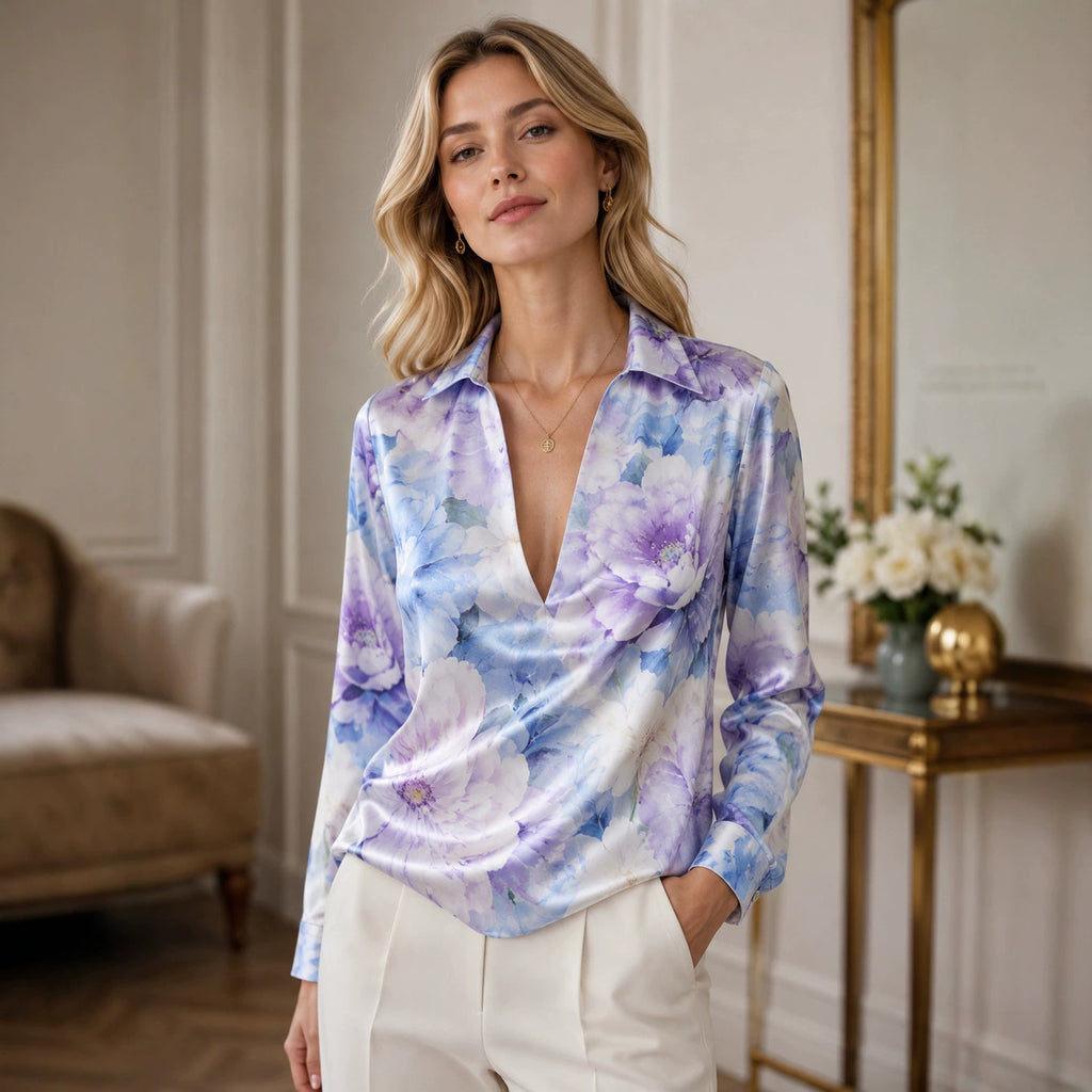 Retro Ink-wash Floral Lapel Deep-V Satin Blouse