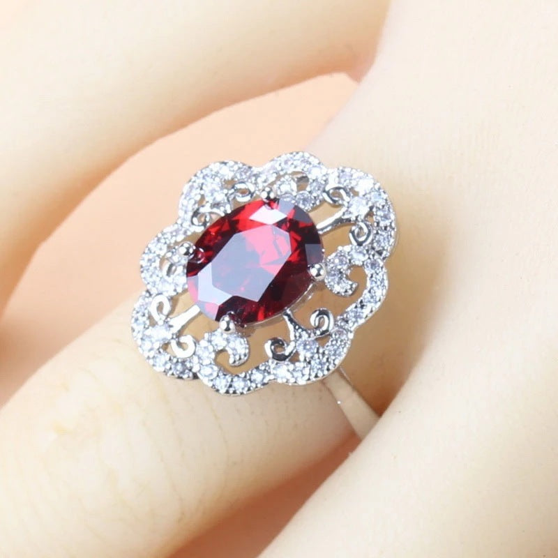Garnet Cubic Zirconia Boucles d'oreilles Collier pendentif Bracelet Bague Cadeau 4 PCs Set