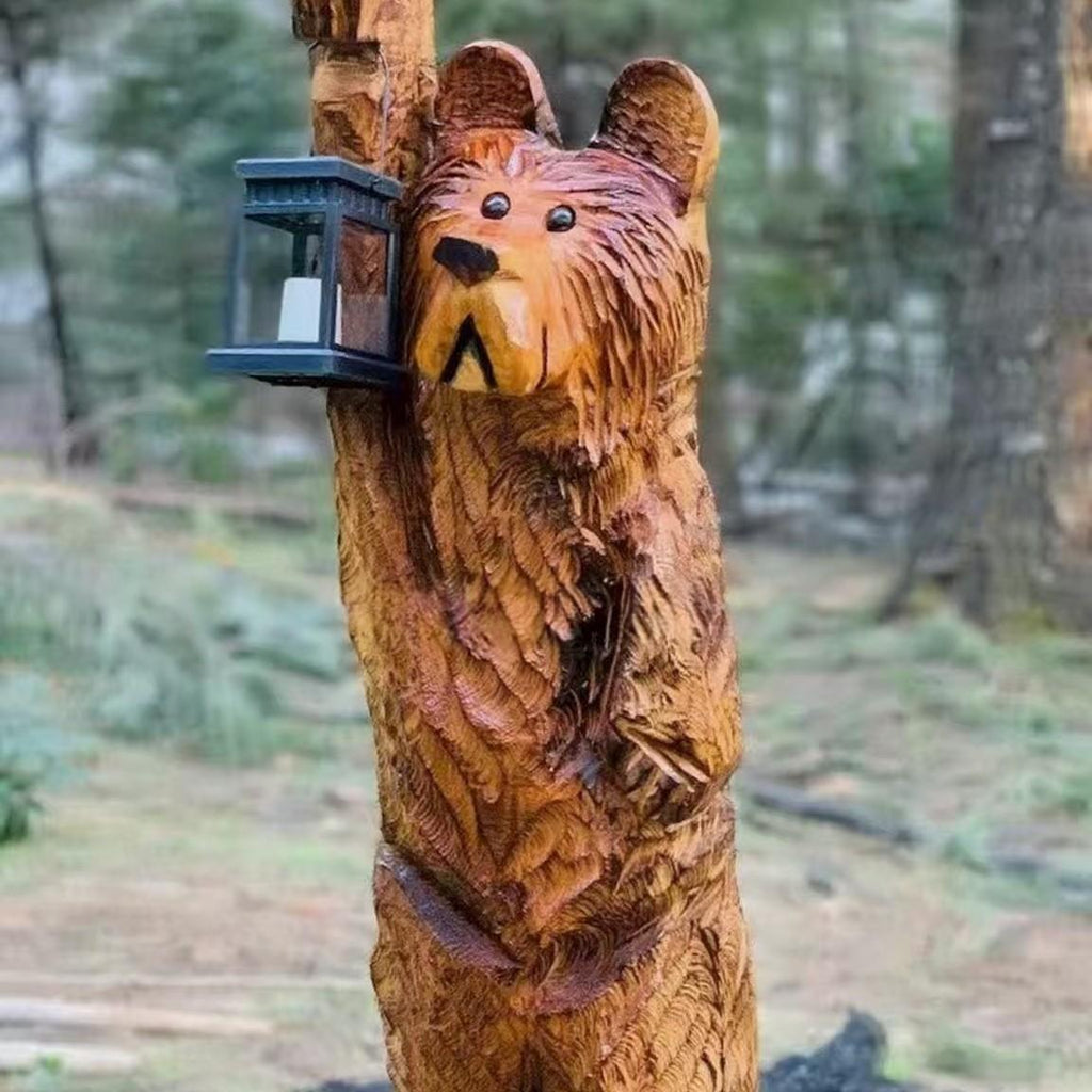 Figurine d'ours sculptée en bois avec éclairage LED