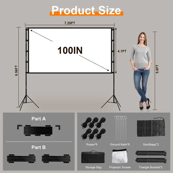 100inch/120inch Options Projecteur écran avec support 16:9 4K HD arrière avant sans ride Por