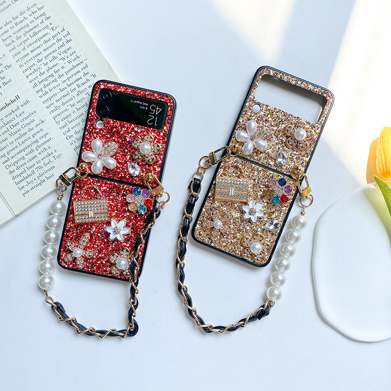 Femelle Fleur Sequin Strass Pearl Écran pliable Flip Case téléphone