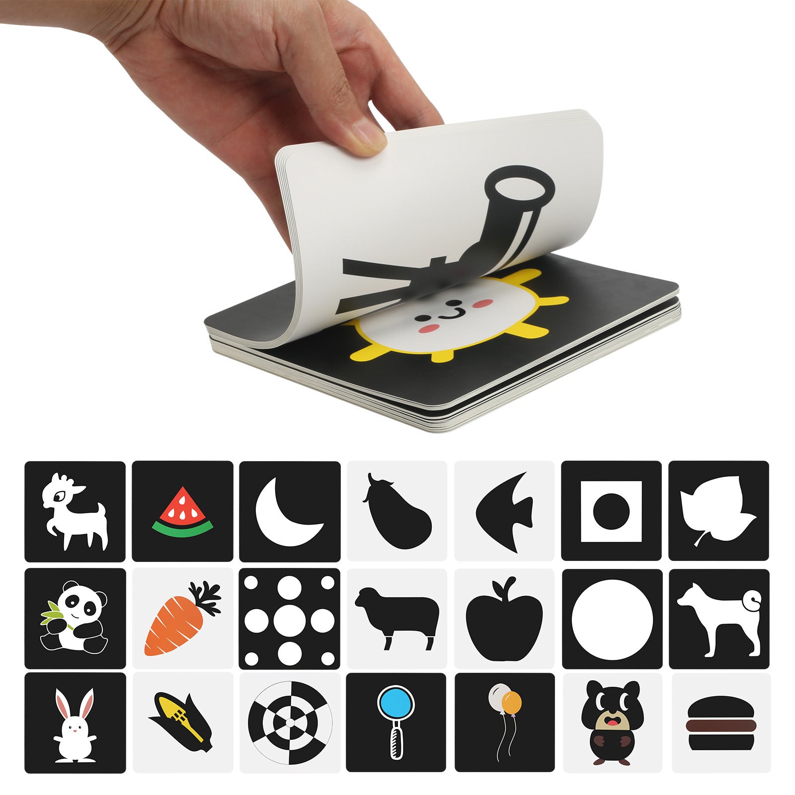 Ensemble 96 pièces de cartes contrastantes en noir et blanc - Ensemble de cartes-éclair à contraste élevé avec des motifs