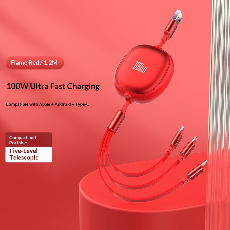 Solid Color Minimalist Retractable 3-in-1 Fast Charging Data Cable
