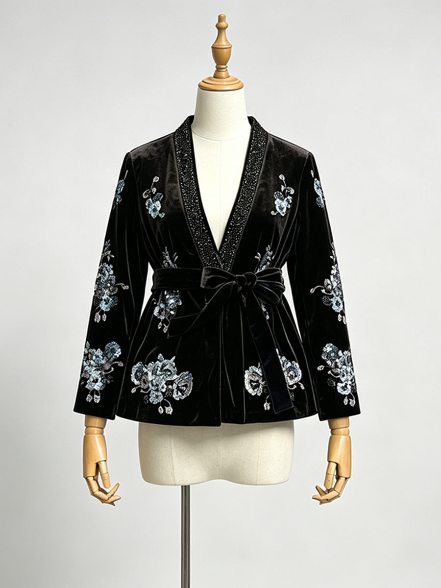 Veste florale brodée à paillettes Kimono