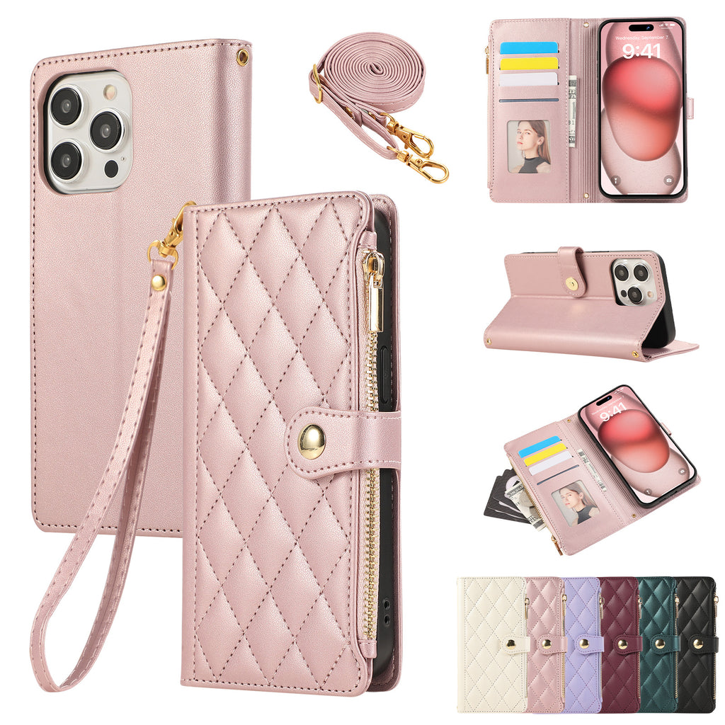 Solid Color Simple Diamond Le style de Chanel Zipper Crossbody Rope Phone Case