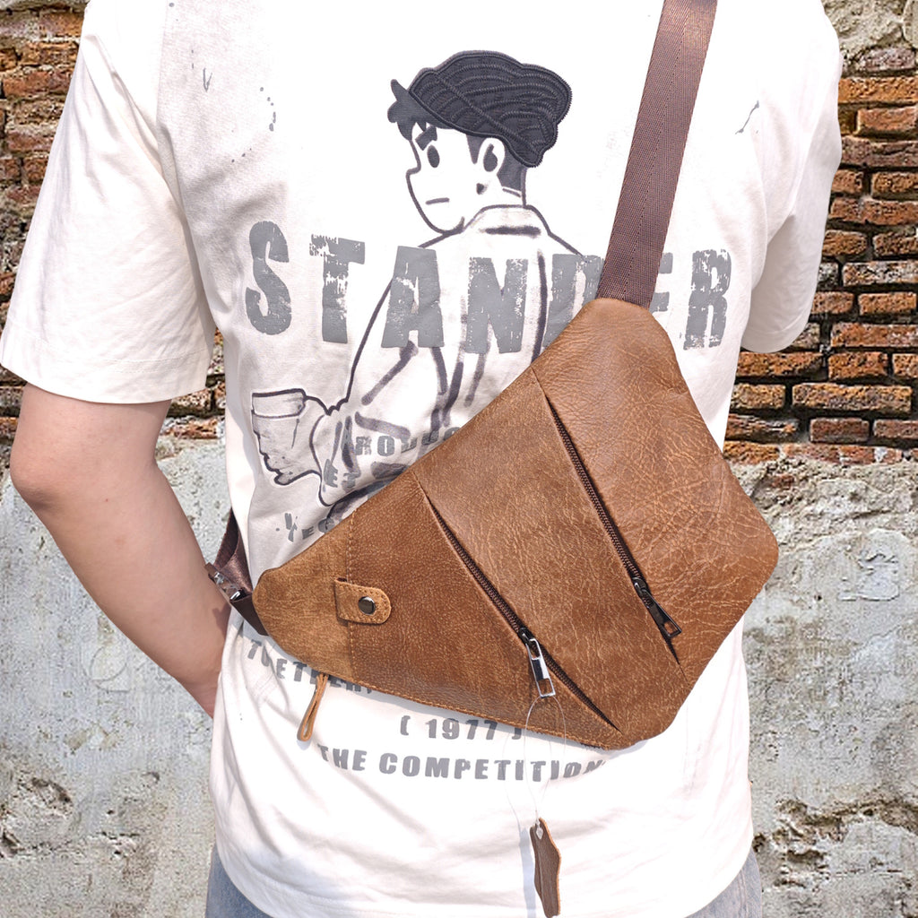 Véritable sac de poitrine en cuir multi-poches en cuir