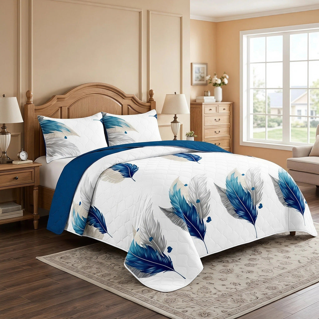 3-Piece bleu plume lit couvre-couche pour roi et roi de Californie