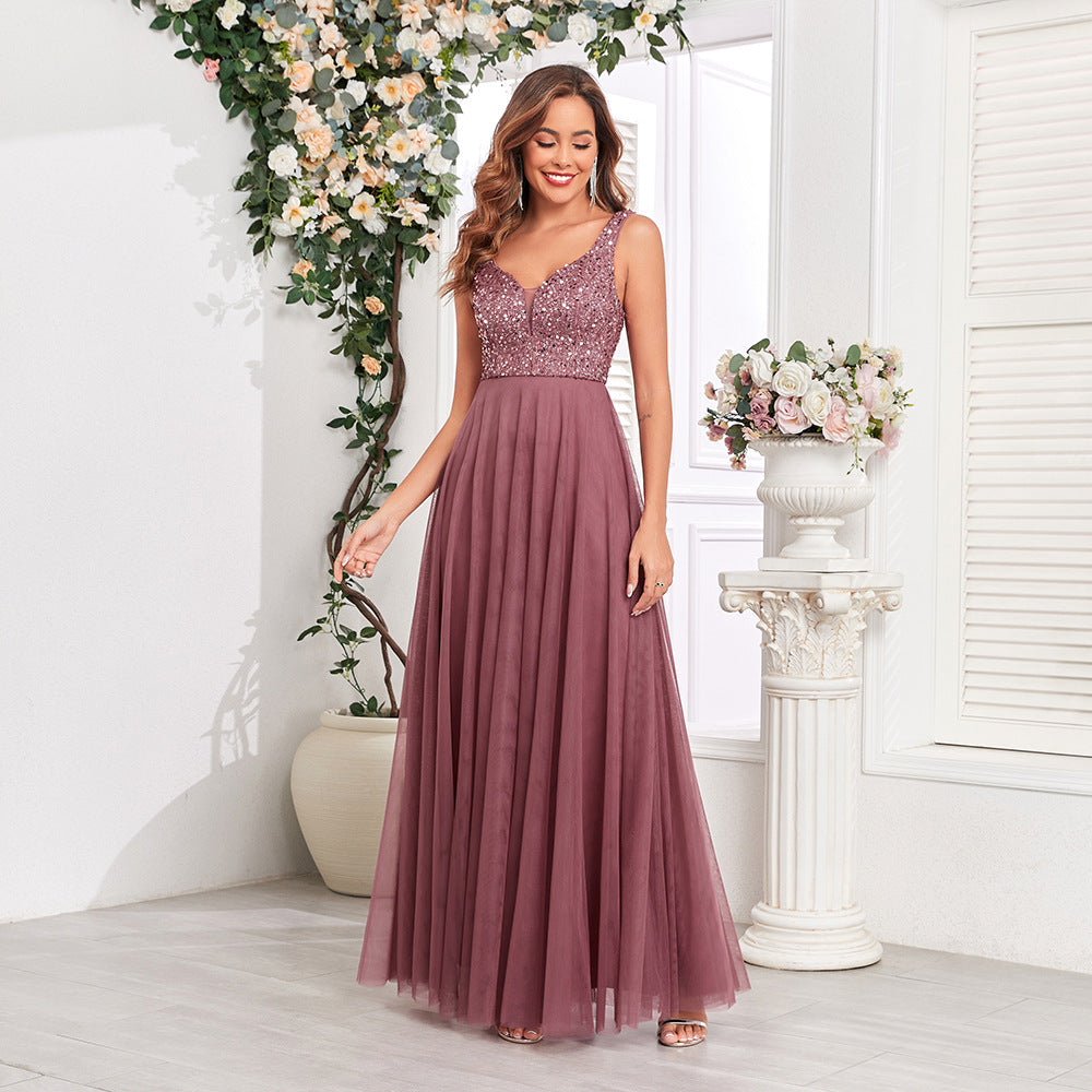 Robe de soirée à mailles pailletées Double V-Neck