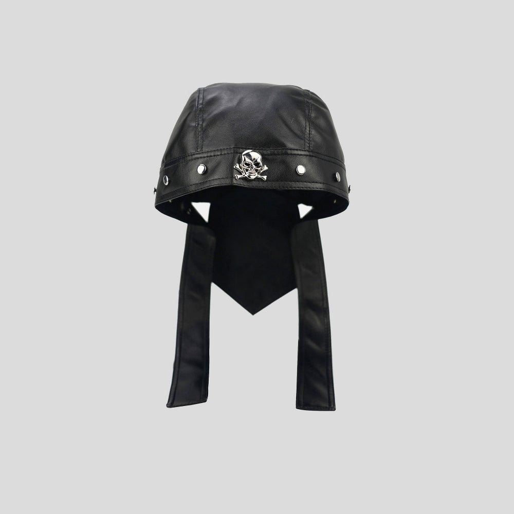 La taille des hommes et des femmes. Chapeau en cuir en cuir PU noir Rivet Ribbon Street Punk Style Pirate.