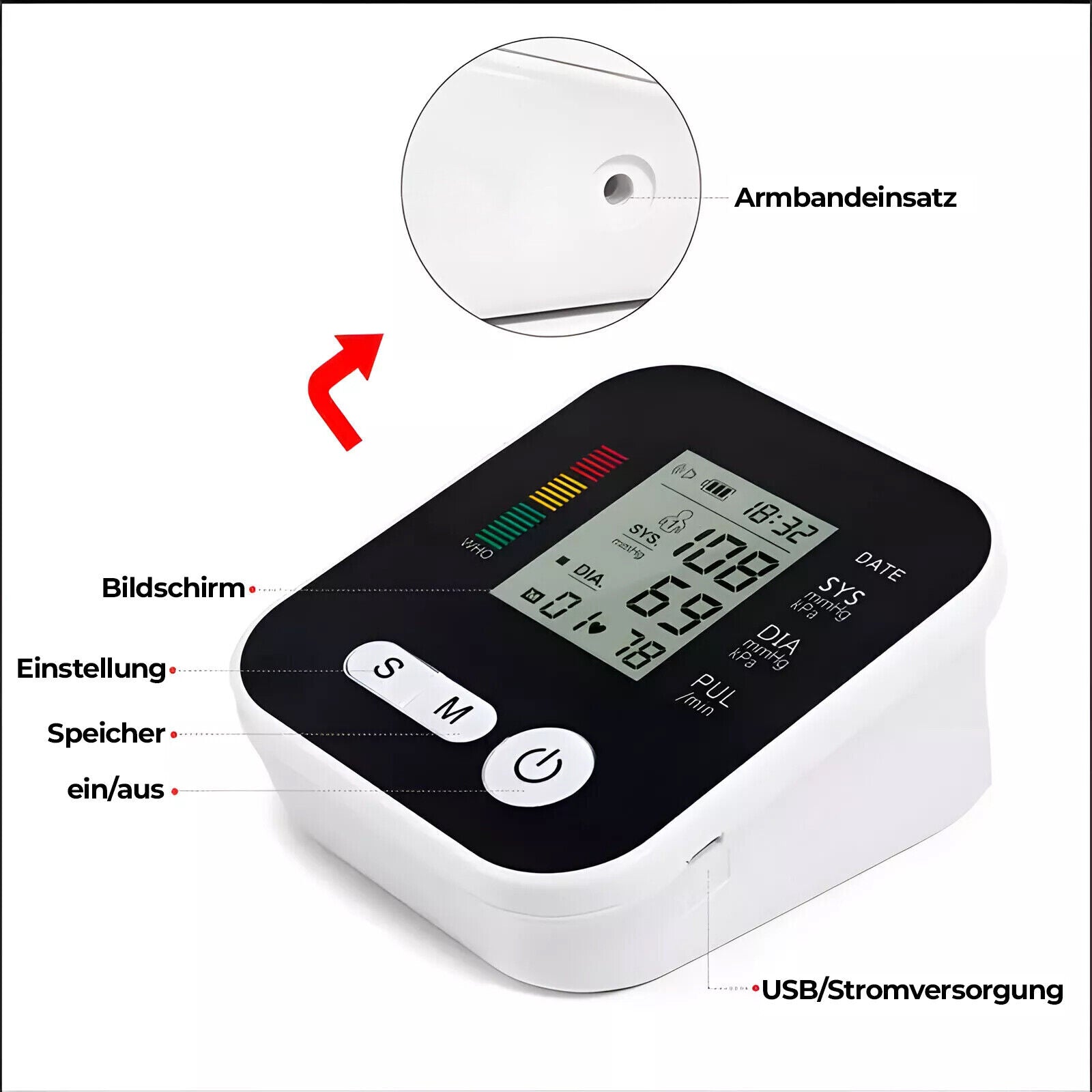 Moniteur de pression artérielle numérique Moniteur de pression artérielle à haut bras à écran LCD Taux cardiaque automatique M
