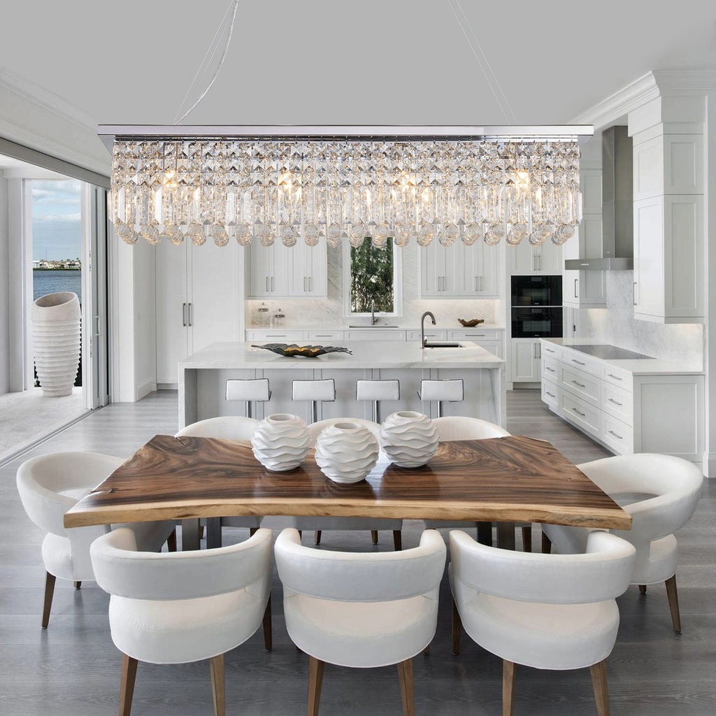 Lustre en cristal moderne pour salle à manger Rectangle blanc 8 lumières Raindrop Lustre Cont