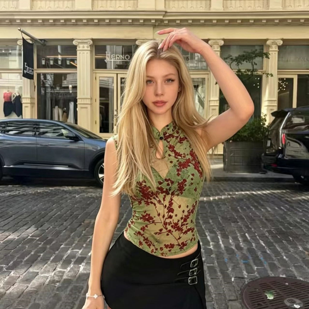 Sexy Floral Sheer Slim-fit Cheongsam-collar T-shirt
